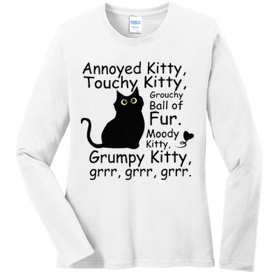 Annoyed Kitty Touchy Kitty Grouchy Ball Of Fur Black Cat Ladies Long Sleeve Shirt