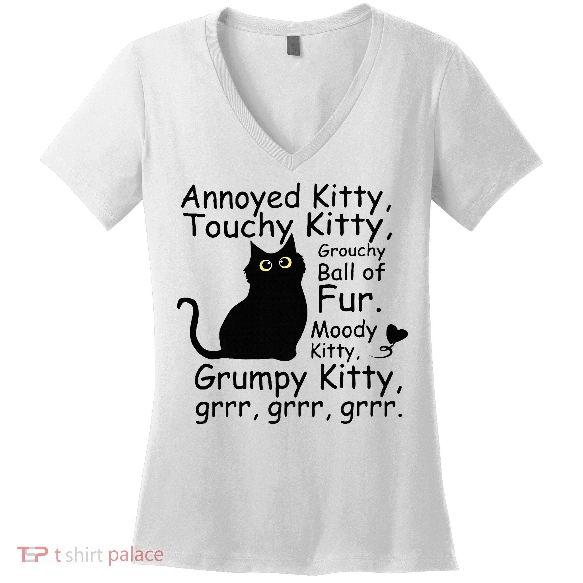 Annoyed Kitty Touchy Kitty Grouchy Ball Of Fur Black Cat Women's V-Neck T-Shirt