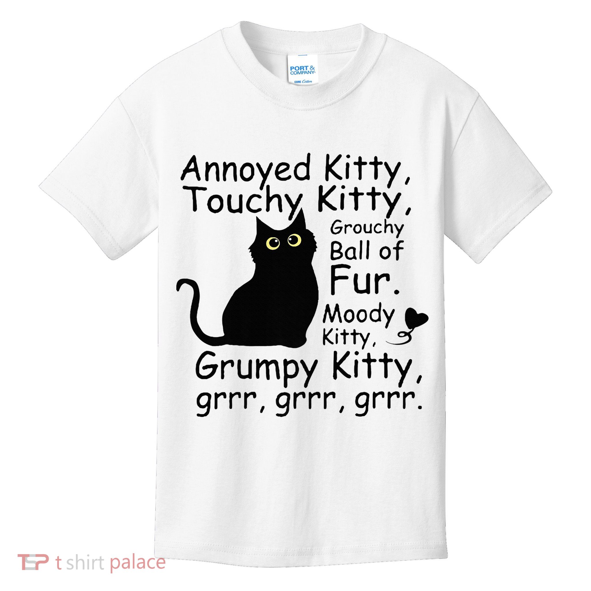 Annoyed Kitty Touchy Kitty Grouchy Ball Of Fur Black Cat Kids T-Shirt
