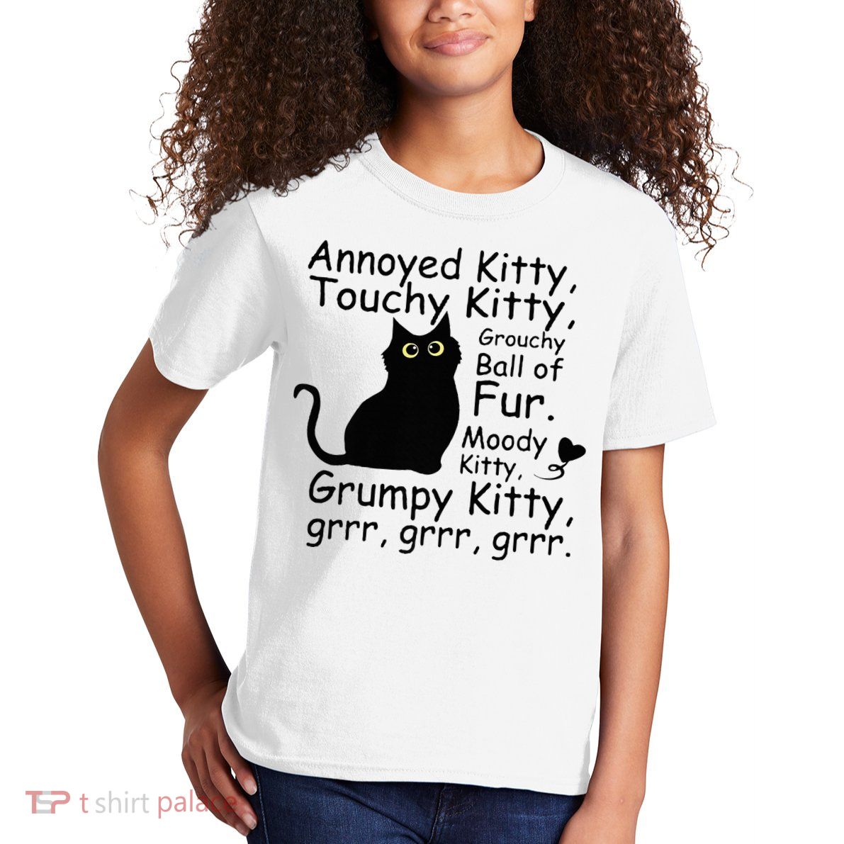Annoyed Kitty Touchy Kitty Grouchy Ball Of Fur Black Cat Kids T-Shirt