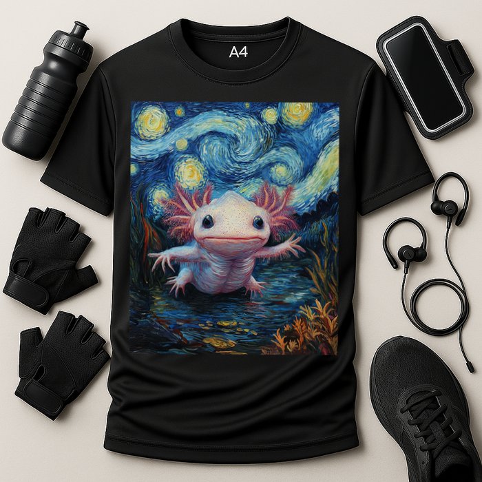 Axolotl Kawaii - Van Gogh Style - Starry Night Graphic  Cooling Performance Crew T-Shirt