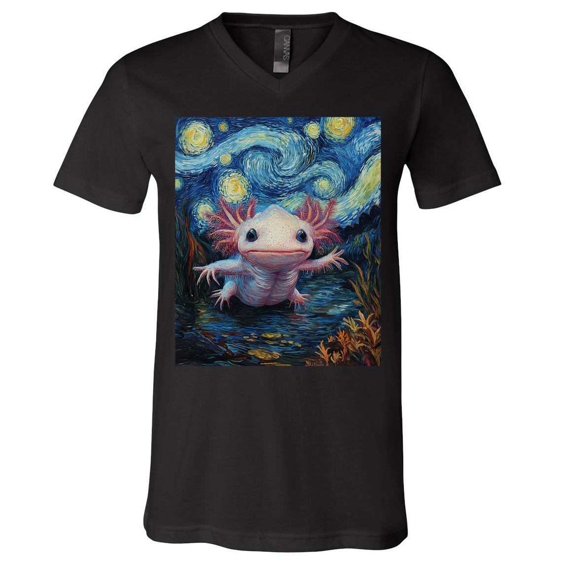 Axolotl Kawaii - Van Gogh Style - Starry Night Graphic  V-Neck T-Shirt