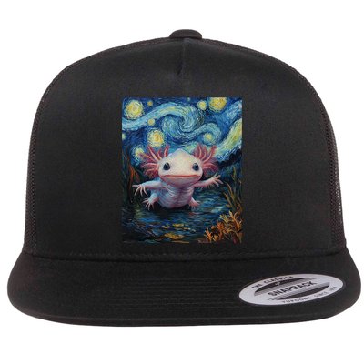 Axolotl Kawaii - Van Gogh Style - Starry Night Graphic  Flat Bill Trucker Hat