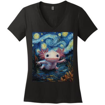 Axolotl Kawaii - Van Gogh Style - Starry Night Graphic  Women's V-Neck T-Shirt