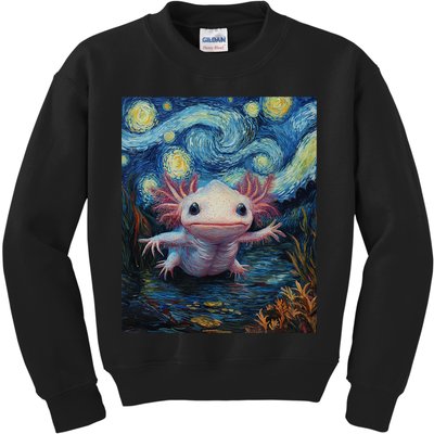 Axolotl Kawaii - Van Gogh Style - Starry Night Graphic  Kids Sweatshirt