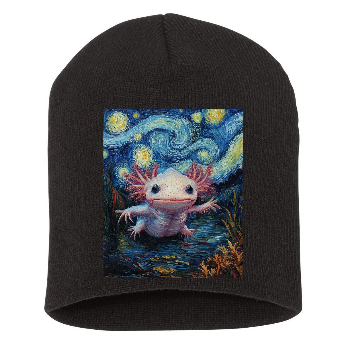 Axolotl Kawaii - Van Gogh Style - Starry Night Graphic  Short Acrylic Beanie