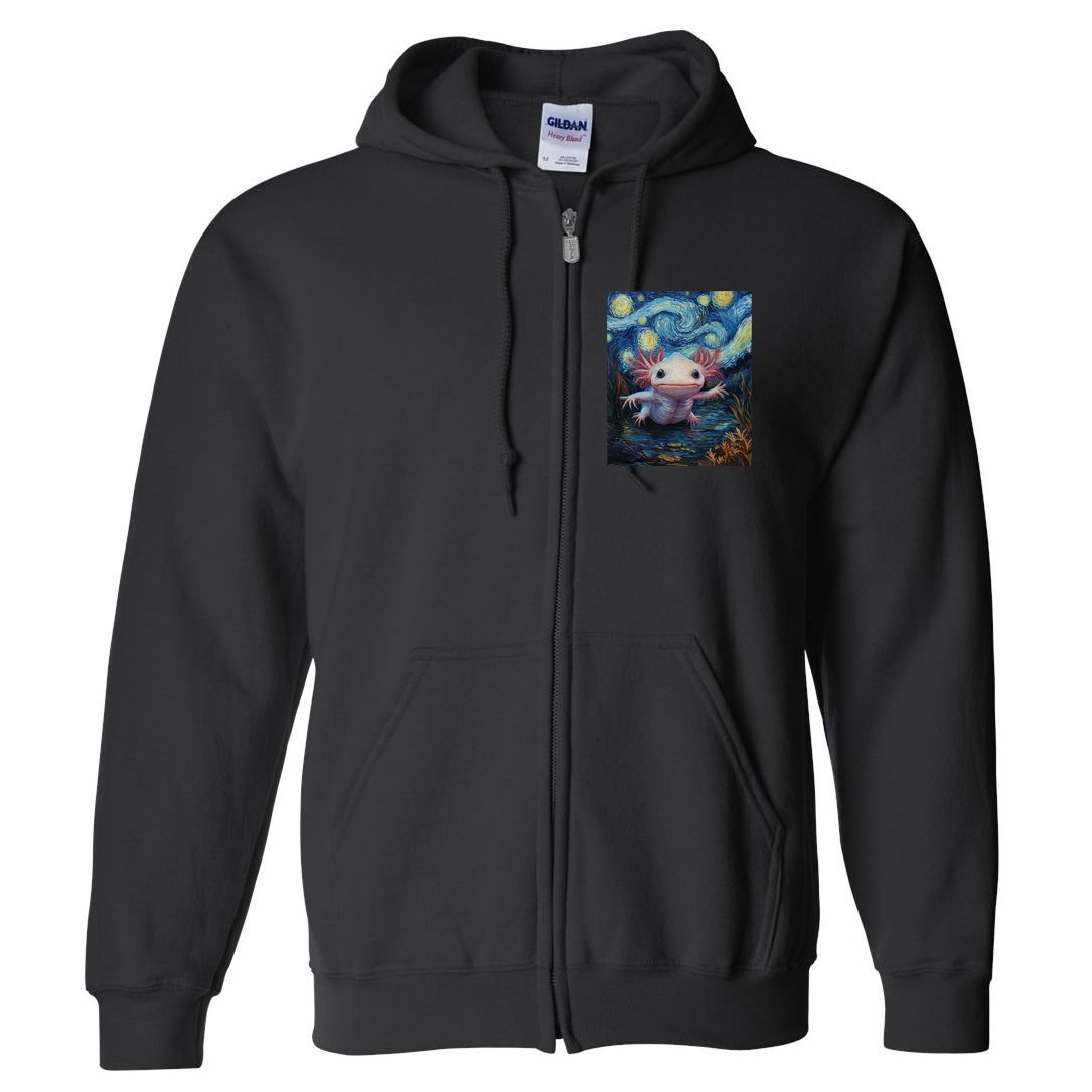 Axolotl Kawaii - Van Gogh Style - Starry Night Graphic  Full Zip Hoodie