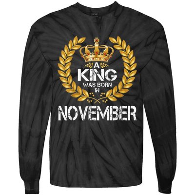 A King Was Born In November Birthday King Gold Crown Tie-Dye Long Sleeve Shirt