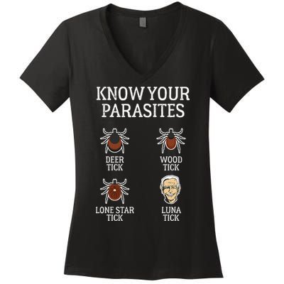 Antibiden Know Your Parasites Lunatic Impeach Joe Biden Women's V-Neck T-Shirt
