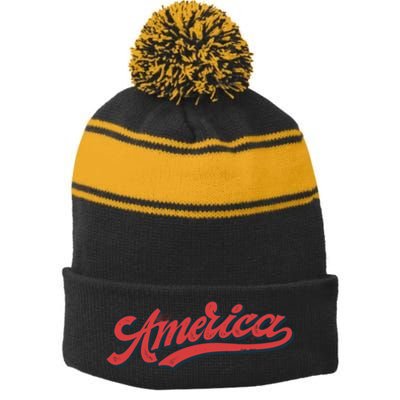 America Label Stripe Pom Pom Beanie