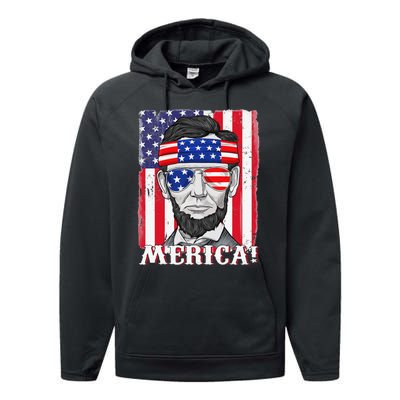 Abraham Lincoln 4th Of July Merica American Flag Boys  Performance Fleece Hoodie