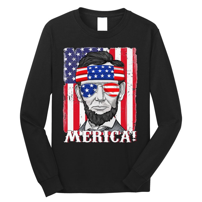 Abraham Lincoln 4th Of July Merica American Flag Boys  Long Sleeve Shirt