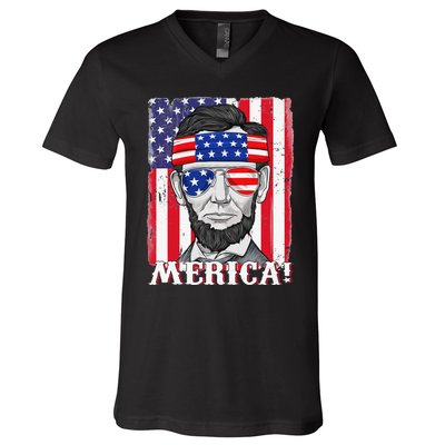 Abraham Lincoln 4th Of July Merica American Flag Boys  V-Neck T-Shirt