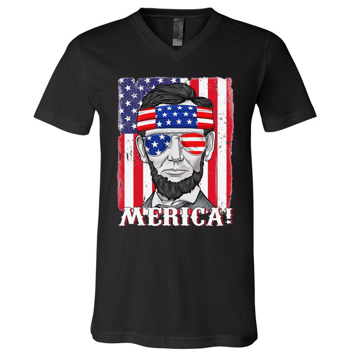 Abraham Lincoln 4th Of July Merica American Flag Boys  V-Neck T-Shirt