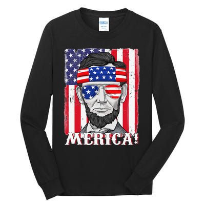 Abraham Lincoln 4th Of July Merica American Flag Boys  Tall Long Sleeve T-Shirt