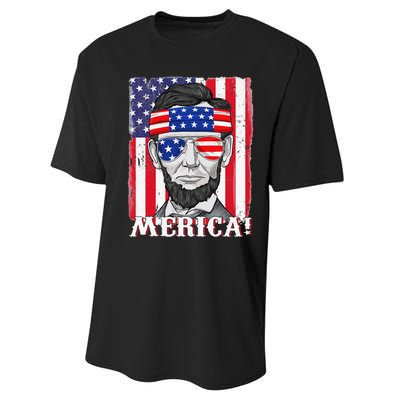 Abraham Lincoln 4th Of July Merica American Flag Boys  Performance Sprint T-Shirt