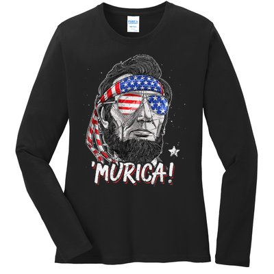 Abraham Lincoln 4th Of July Murica   American Flag Ladies Long Sleeve Shirt