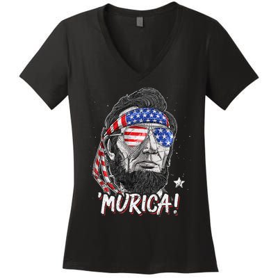 Abraham Lincoln 4th Of July Murica   American Flag Women's V-Neck T-Shirt