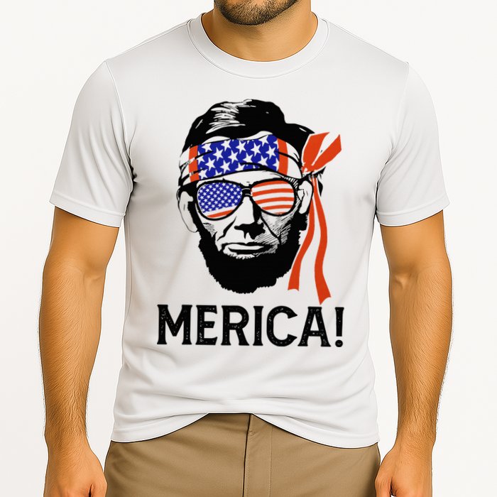 Abraham Lincoln 4th Of July Merica American Flag Cooling Performance Crew T-Shirt