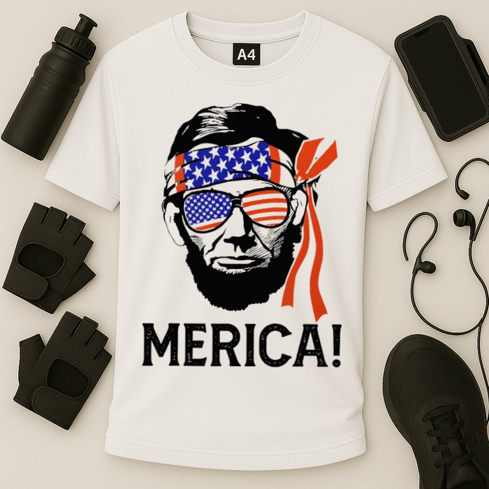 Abraham Lincoln 4th Of July Merica American Flag Cooling Performance Crew T-Shirt