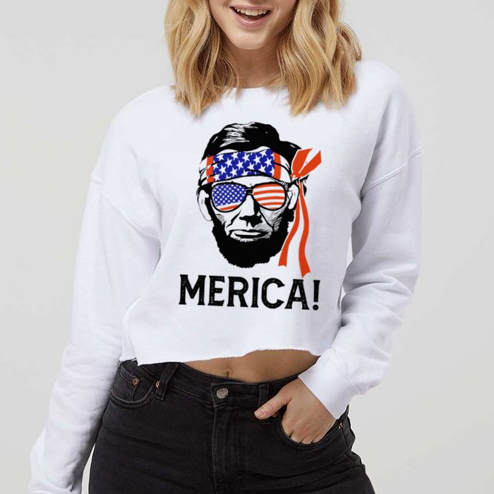 Abraham Lincoln 4th Of July Merica American Flag Cropped Pullover Crew