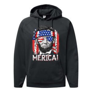 Abraham Lincoln 4th Of July Merica  American Flag Performance Fleece Hoodie