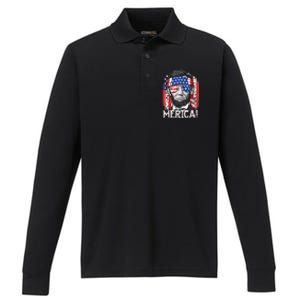 Abraham Lincoln 4th Of July Merica  American Flag Performance Long Sleeve Polo