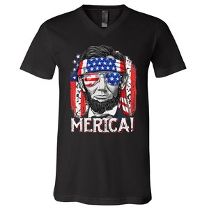 Abraham Lincoln 4th Of July Merica  American Flag V-Neck T-Shirt