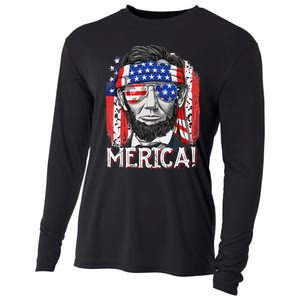 Abraham Lincoln 4th Of July Merica  American Flag Cooling Performance Long Sleeve Crew