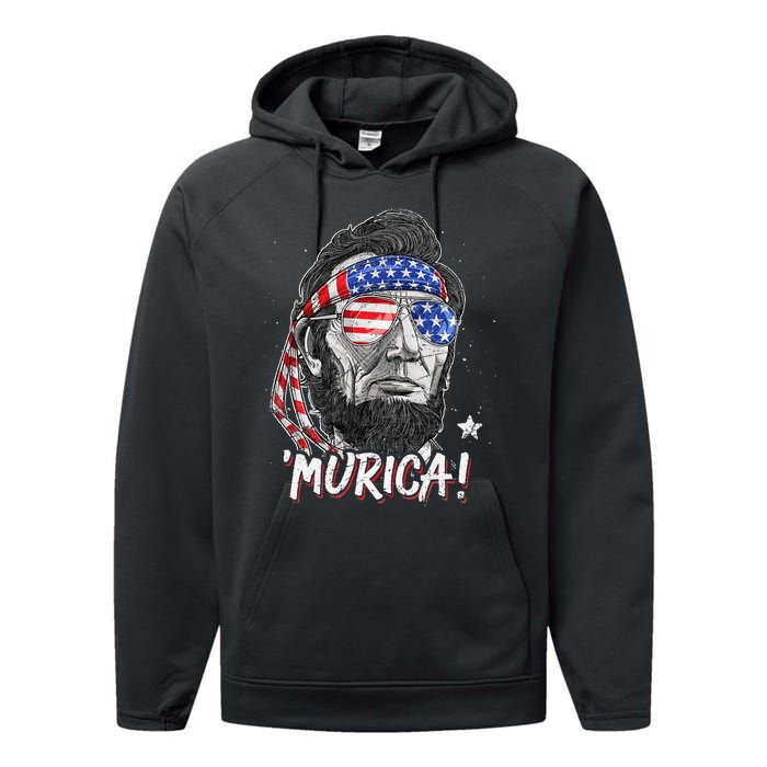 Abraham Lincoln 4th Of July Murica   American Flag Performance Fleece Hoodie