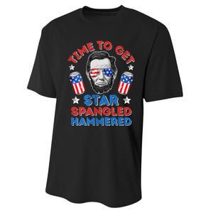 Abe Lincoln 4th Of July Time To Get Star Spangled Hammered Performance Sprint T-Shirt