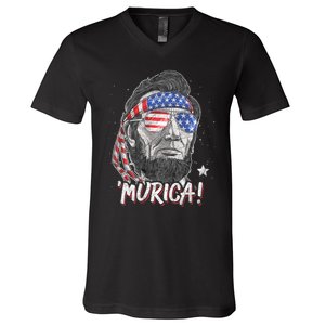 Abraham Lincoln 4th Of July Murica American Flag V-Neck T-Shirt