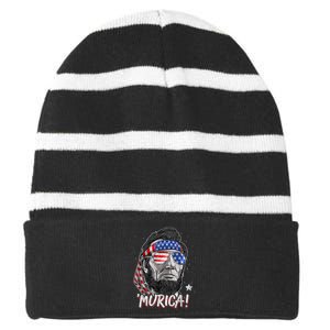 Abraham Lincoln 4th Of July Murica American Flag Striped Beanie with Solid Band