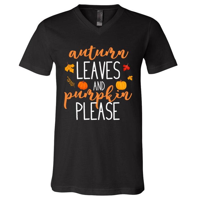 Autumn Leaves And Pumpkin Please V-Neck T-Shirt