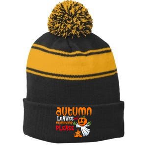 Autumn Leaves And Pumpkins Please Stripe Pom Pom Beanie