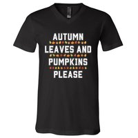 Autumn Leaves And Pumpkins Please Fall Season V-Neck T-Shirt