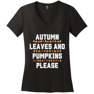 Autumn Leaves And Pumpkins Please Fall Season Women's V-Neck T-Shirt