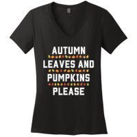 Autumn Leaves And Pumpkins Please Fall Season Women's V-Neck T-Shirt