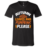 Autumn Leaves And Pumpkins Please V-Neck T-Shirt