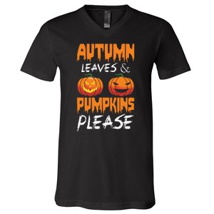 Autumn Leaves And Pumpkins Please V-Neck T-Shirt