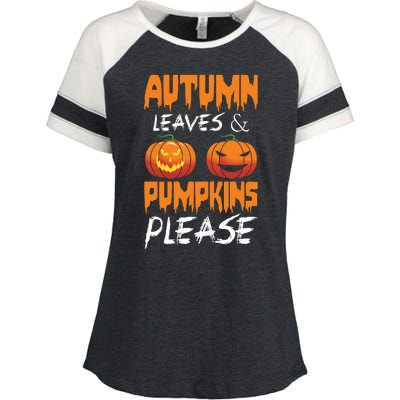 Autumn Leaves And Pumpkins Please Enza Ladies Jersey Colorblock Tee