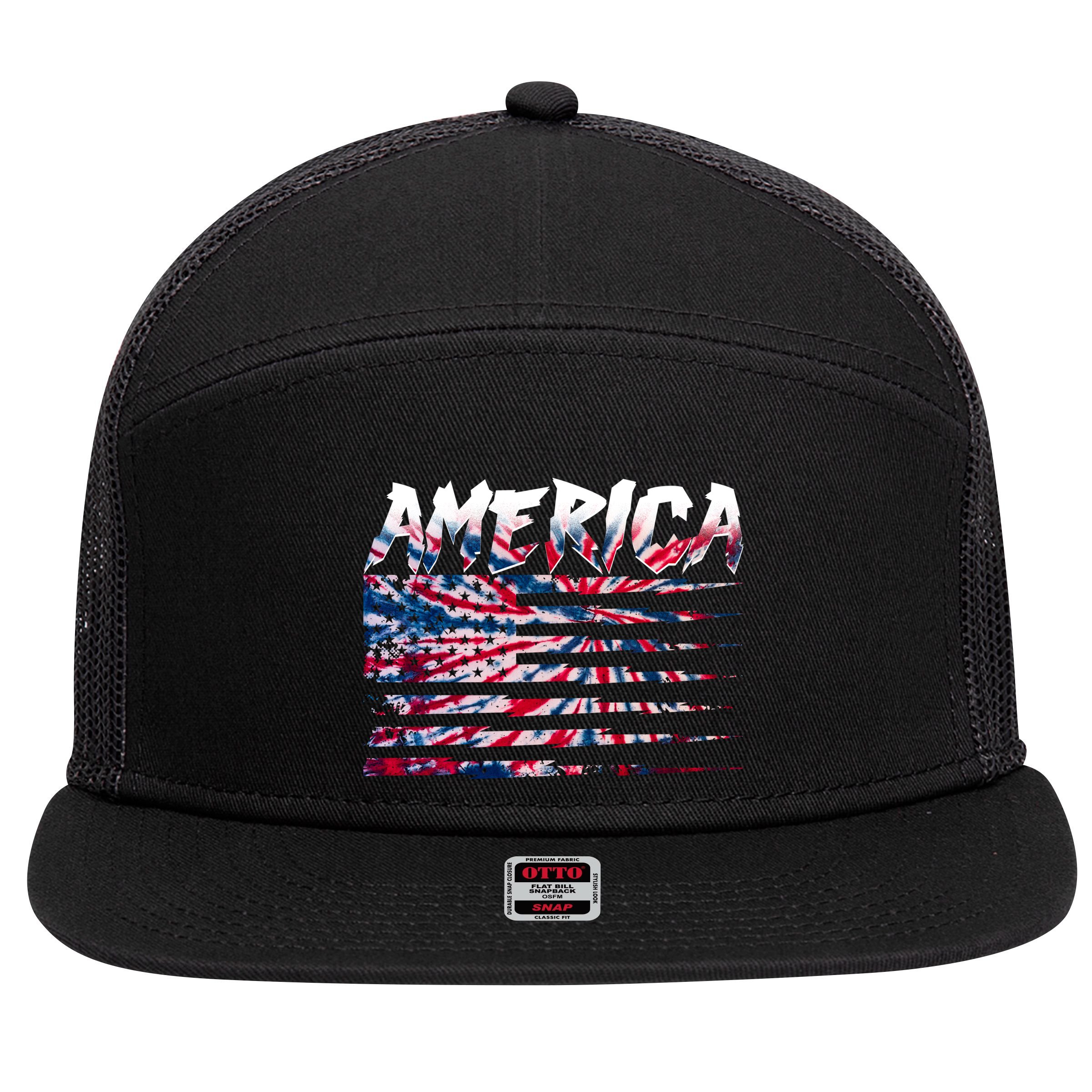 America Lightning Bolt USA Tie Dye Flag 7 Panel Mesh Trucker Snapback Hat