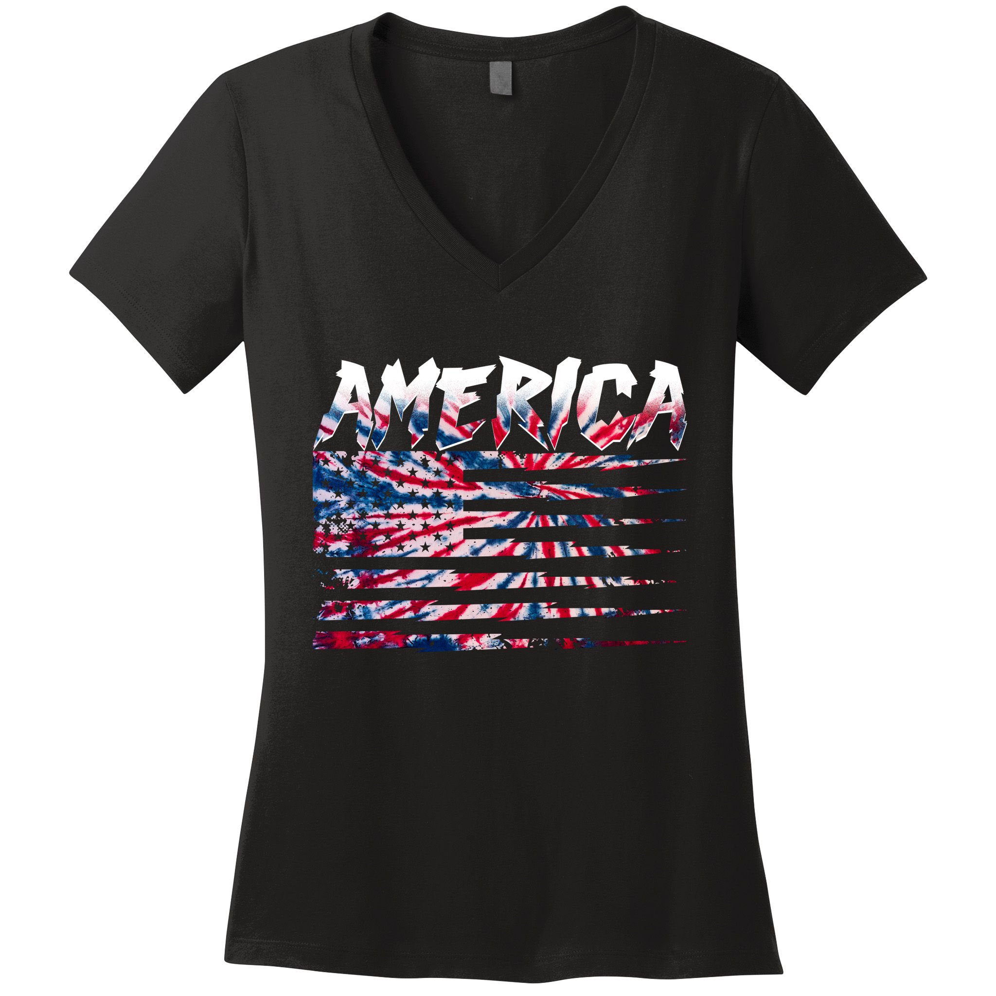 America Lightning Bolt USA Tie Dye Flag Women's V-Neck T-Shirt