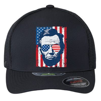Abe Lincoln Beard Sunglasses & American Flag 4th Of July Flexfit Unipanel Trucker Cap