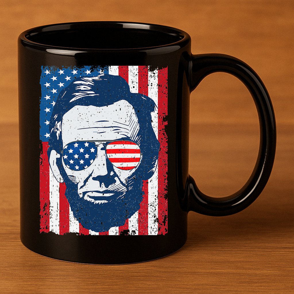 Abe Lincoln Beard Sunglasses & American Flag 4th Of July 11oz C Handle Ceramic Mug