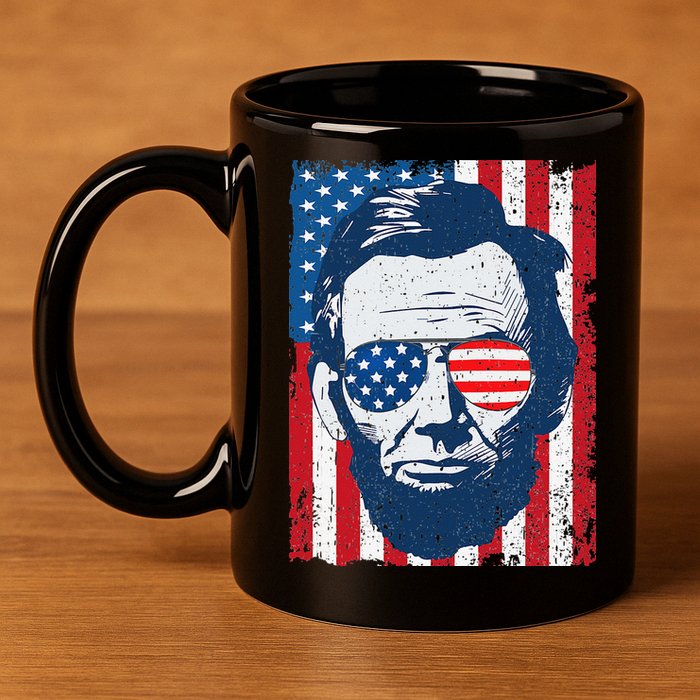 Abe Lincoln Beard Sunglasses & American Flag 4th Of July 11oz C Handle Ceramic Mug