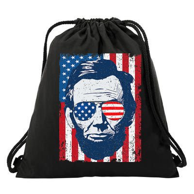 Abe Lincoln Beard Sunglasses & American Flag 4th Of July Drawstring Bag
