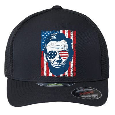 Abe Lincoln Beard Sunglasses American Flag 4th Of July Flexfit Unipanel Trucker Cap