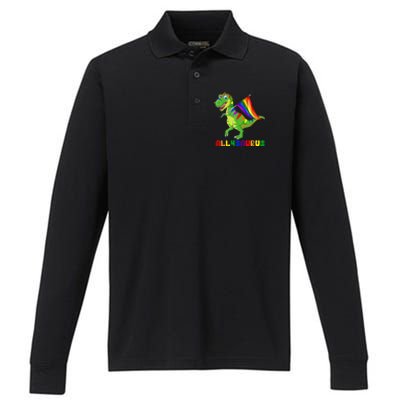 Allysaurus LGBT Dinosaur Rainbow Flag Ally LGBT Pride Performance Long Sleeve Polo