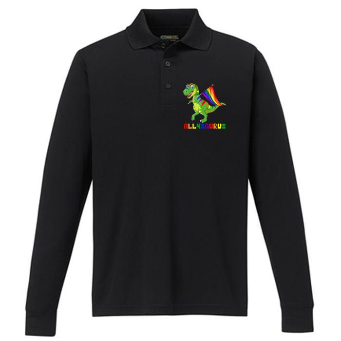 Allysaurus LGBT Dinosaur Rainbow Flag Ally LGBT Pride Performance Long Sleeve Polo